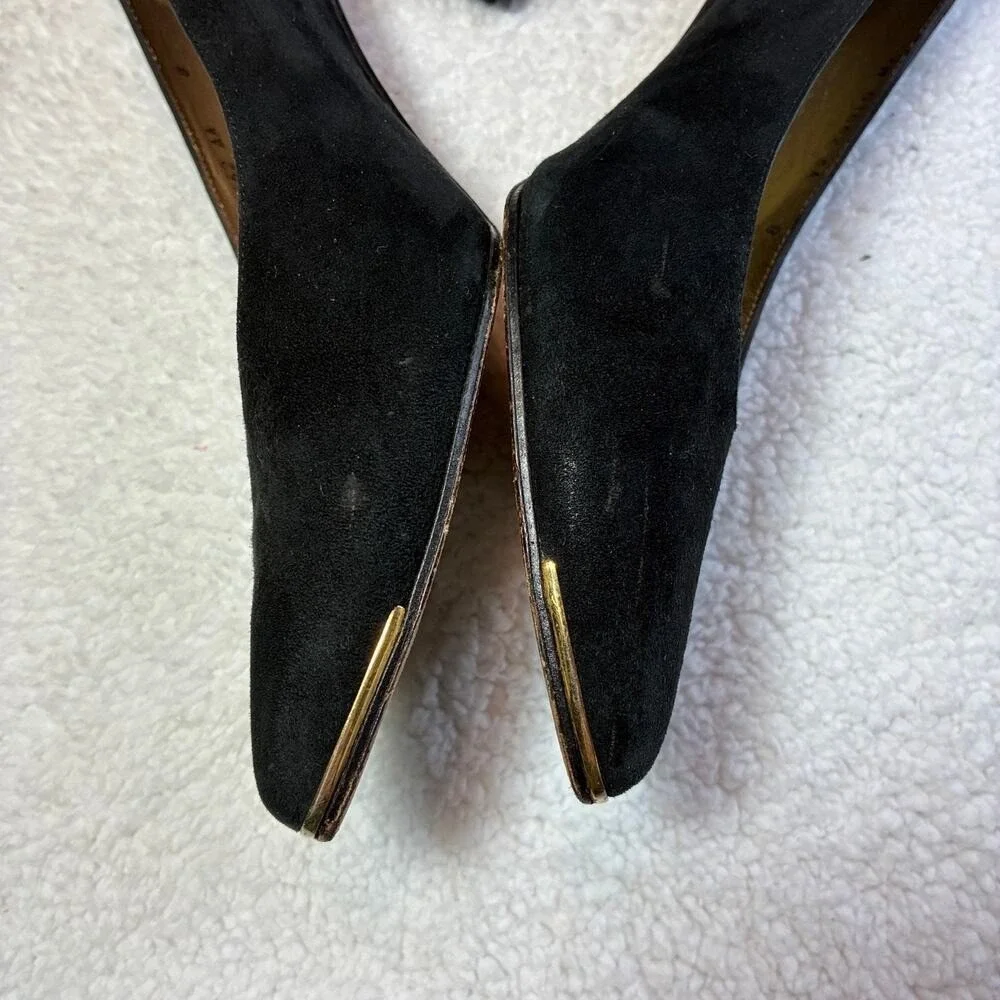 Stuart Weitzman black suede 7W heels Gold embellished‎ Elegant Quiet Luxury Glam